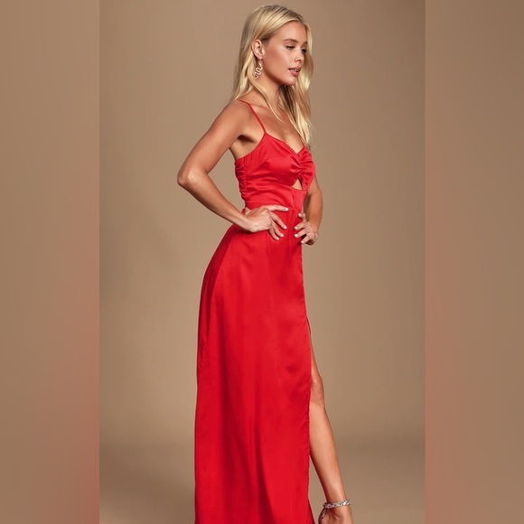 Lulus Renata Red Print Satin Maxi Dress, XS - Picture 2 of 10